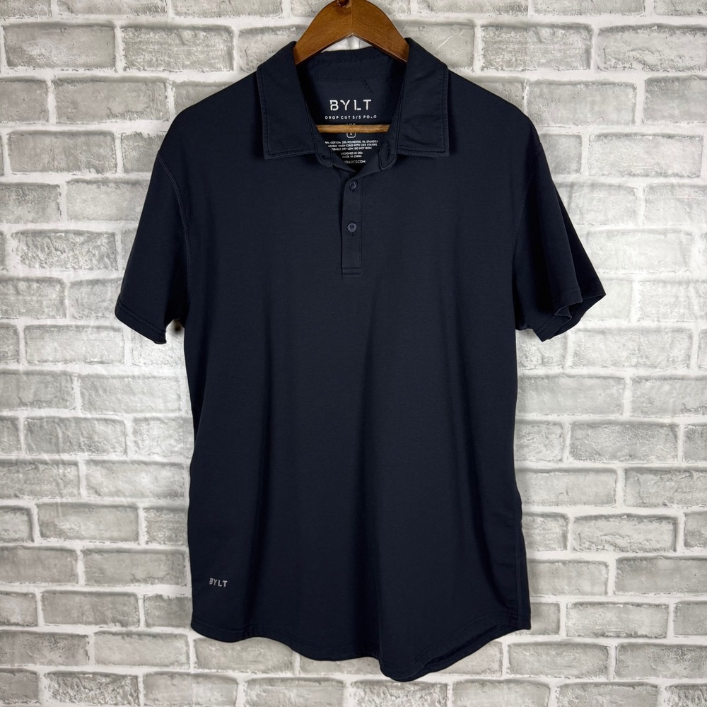BYLT Basics Drop Cut SS Polo Lux Navy Blue Mens Large Curved Hem Short Sleeve